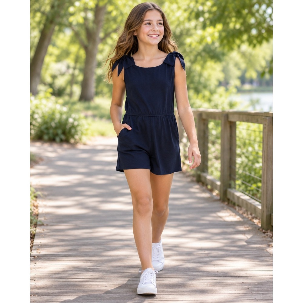 Aqua Girls Navy Blue Tie Shoulder Sleeveless Romper XL